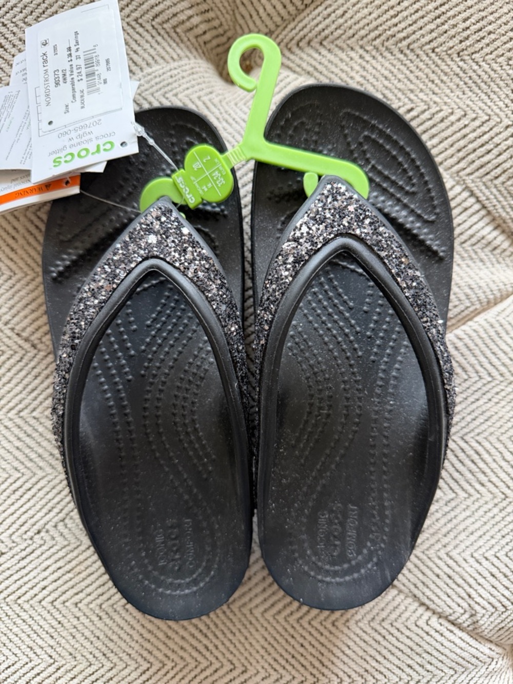 CROCS Black Glitter Strap Flip Sandals - Women’s size 4